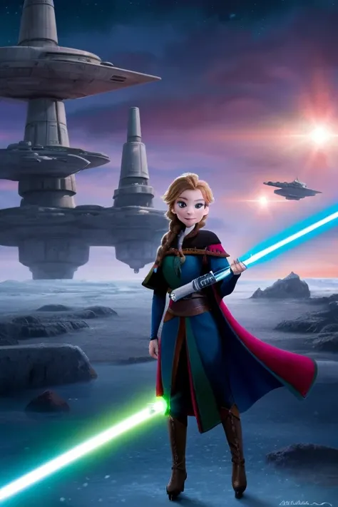 Disney princess from Frozen dressed in Sith clothes and holding a red Star Wars style lightsaber in her hands, with war spaceships in the background