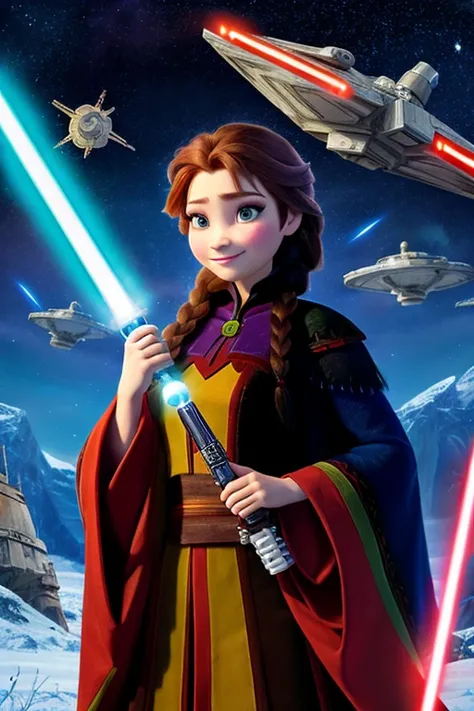 Disney princess from Frozen dressed in Sith clothes and holding a red Star Wars style lightsaber in her hands, with war spaceships in the background