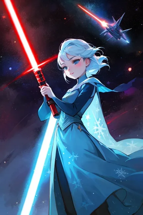 Disney princess from Frozen dressed in Sith clothes and holding a red Star Wars style lightsaber in her hands, with war spaceships in the background