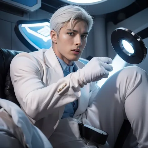 body suit, white and blue suit, futuristic suit, white gauntlets, white gloves, white hands, skin tight bodysuit, toned male, teenager, young male,  bodysuit, futuristic, sci fi, hands seen, hair visible, solo male, full body seen, white hair
