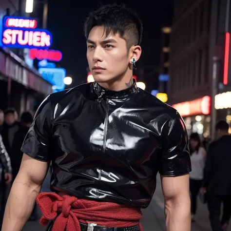 Japanese man, perfect figure, handsome, big muscles, blue hair, wearing a black latex leather shirt, pierced ears, tattoos, stainless steel jewelry, charming, sexy, late night city area, bright lights from shops.