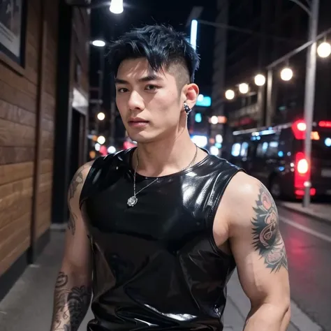 Japanese man, perfect figure, handsome, big muscles, blue hair, wearing a black latex leather shirt, pierced ears, tattoos, stainless steel jewelry, charming, sexy, late night city area, bright lights from shops.