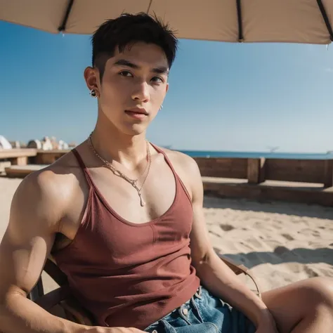 Japanese male male model, big muscles, handsome, pierced ears, necklace, wearing a thin tank top, portrait photography, photoshoot, dynamic pose, summer, sea, sunny
