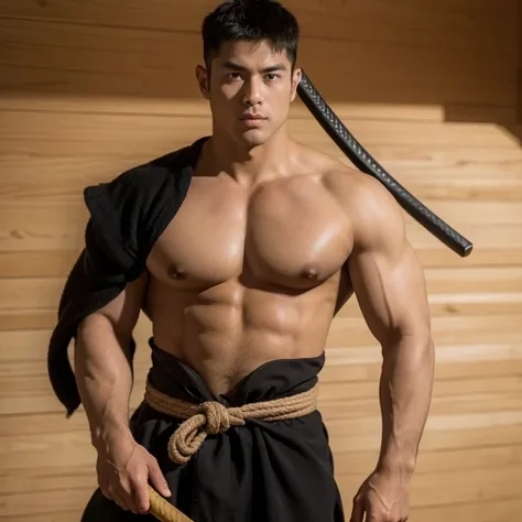 Japanese male samurai, 30 years old, large body, big muscles, slightly hairy, black hair, six pack, body full of wounds, sweaty, tanned skin, dirt, wearing old red and black traditional Japanese armor. , holding a katana, in the middle of the battlefield, ...