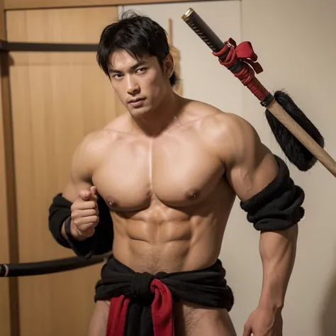 Japanese male samurai, 30 years old, large body, big muscles, slightly hairy, black hair, six pack, body full of wounds, sweaty, tanned skin, dirt, wearing old red and black traditional Japanese armor. , holding a katana, in the middle of the battlefield, ...