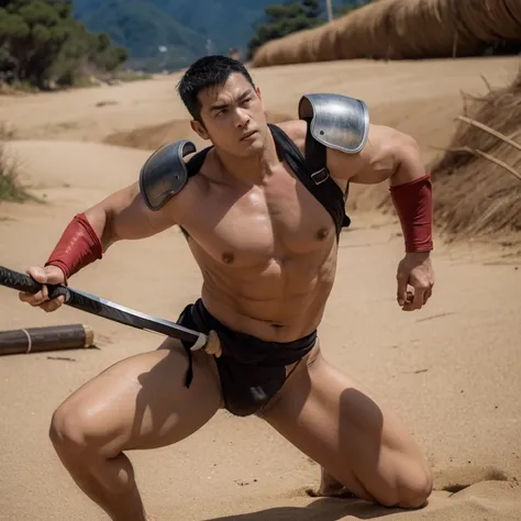 Japanese male samurai, 30 years old, large body, big muscles, slightly hairy, black hair, six pack, body full of wounds, sweaty, tanned skin, dirt, wearing old red and black traditional Japanese armor. , holding a katana, in the middle of the battlefield, ...