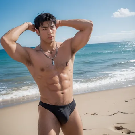 Japanese male male model, big muscles, handsome, pierced ears, necklace, wearing g-string, portrait photography, photoshoot, dynamic pose, summer, sea, sunny , full length shot , big bulge
