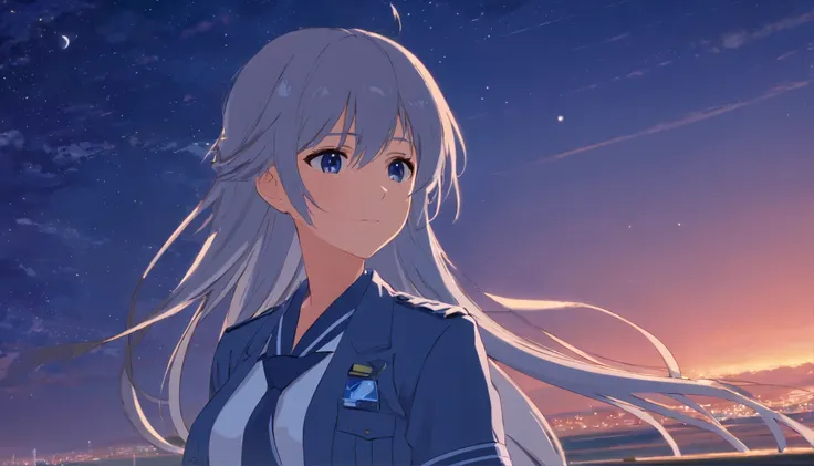 long hair，night，full moon，silver haired girl，uniform，slight smile，View photos taken