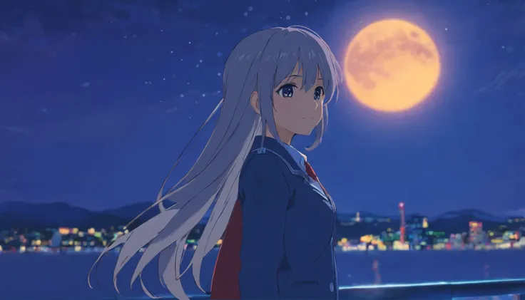 long hair，night，full moon，silver haired girl，uniform，slight smile，View photos taken