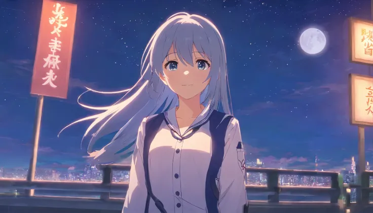 long hair，night，full moon，silver haired girl，uniform，slight smile，View photos taken