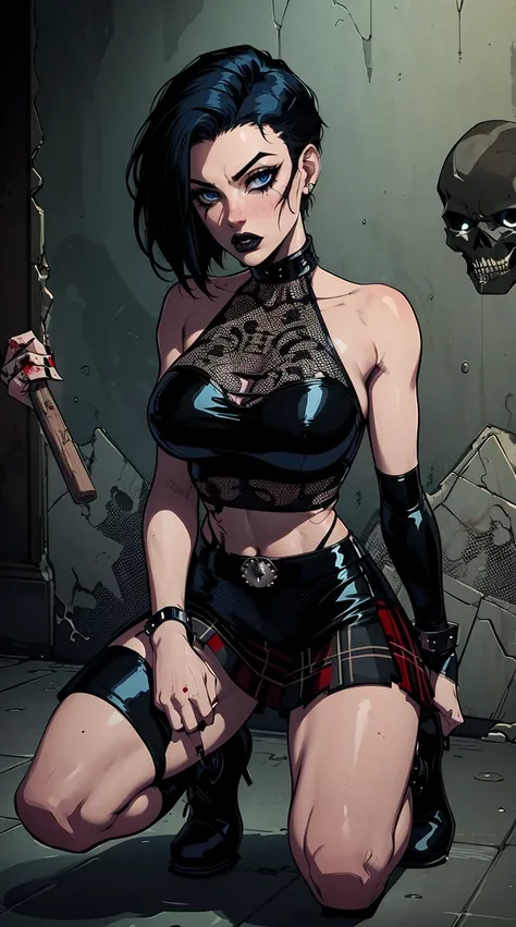 a woman with short black hair, hair on shoulders,  wearing a black cropped  and plaid skirt, blue eyes, zombie art, gothic art, cute aesthetic with vibe, toon aesthetic, wearing red costume, wearing gothic accessories, look like Cassie Hack, whole body, on...