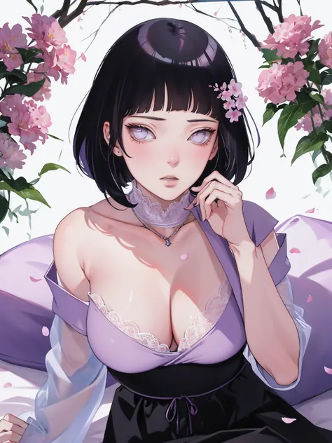 { - anatomy error} (Masterpiece - Ultra-detailed, very high resolution) (huge titusty, masterpiece, absurdres, hinata(boruto), 1girl, solo,mature female, off-shoulder bra, high waist black short skirt, looking at viewelling petals), perfect composition, de...