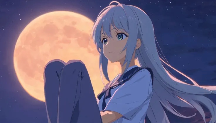 long hair，night，full moon，silver haired girl，uniform，slight smile，View photos taken