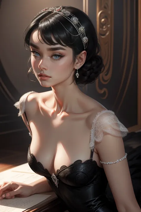 (Masterpiece - Ultra-Detailed, High Resolution) Prepare to be enchanted by a true masterpiece that combines ultra-detailed art with high-resolution rendering. This work shows a mesmerizing woman, with short, black hair, 1928s style,  Audrey Hepburn (1.3) a...