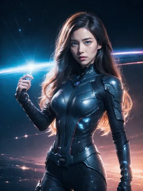 8K, highest quality, masterpiece, realistic, ultra detail,  photograph, HDR, High resolution, movie blue light, official art, High resolution, Depth of written boundary,(emits laser light), girl１name、20-year-old, medium long hair,Take a full body photo、act...