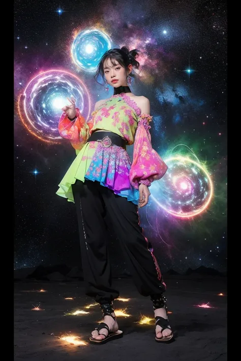 fractal nebula chain, cosmic, null, cosmic, Vibrant and vivid entities, whirlwind, spinning, unrealistic, high contrast, symbolism, magic, mystery的な, mystery, surreal, supersaturation, colorful, 8K、1girl,Woman in Japanese clothes、Zori sandals、laser beam fr...