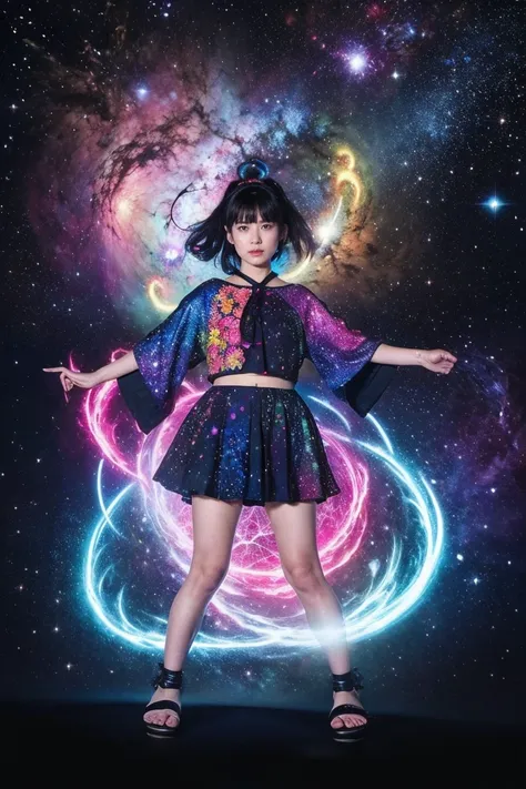 fractal nebula chain, cosmic, null, cosmic, Vibrant and vivid entities, whirlwind, spinning, unrealistic, high contrast, symbolism, magic, mystery的な, mystery, surreal, supersaturation, colorful, 8K、1girl,Woman in Japanese clothes、Zori sandals、laser beam fr...