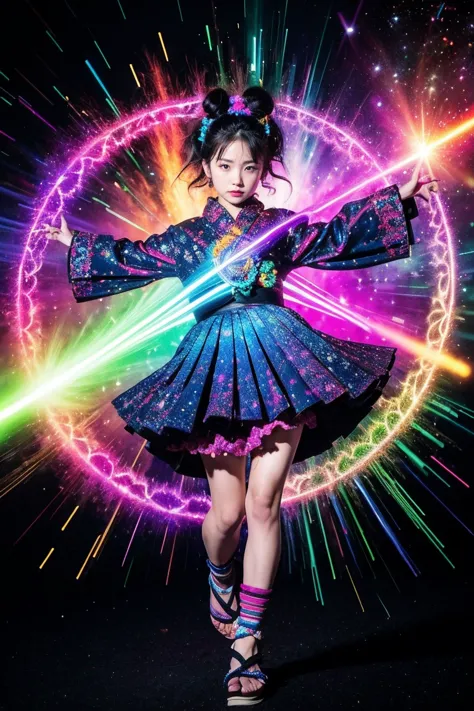 fractal nebula chain, cosmic, null, cosmic, Vibrant and vivid entities, whirlwind, spinning, unrealistic, high contrast, symbolism, magic, mystery的な, mystery, surreal, supersaturation, colorful, 8K、1girl,Woman in Japanese clothes、Zori sandals、laser beam fr...