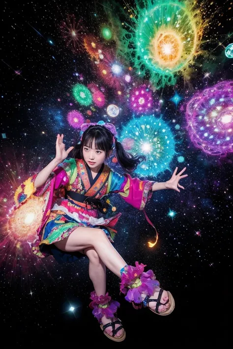 fractal nebula chain, cosmic, null, cosmic, Vibrant and vivid entities, whirlwind, spinning, unrealistic, high contrast, symbolism, magic, mystery的な, mystery, surreal, supersaturation, colorful, 8K、1girl,Woman in Japanese clothes、Zori sandals、laser beam fr...