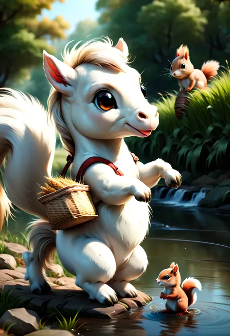 (a short white pony) carrying half a bag of wheat, stand with a Little Squirrel, by a long river, no_human, (best quality, masterpiece, Representative work, official art, Professional, Ultra high detail, 8k:1.3)