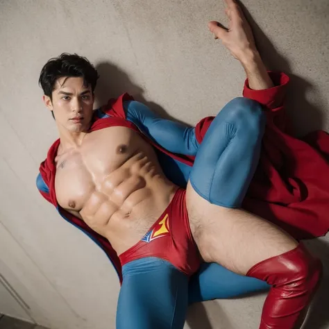 best quality, ultra high res, photo,realistic, detailed background,mature white male,(superman blue cotton union suit:1.1),(red thong:1.5),blue skin tights pants,nipple,black hair,age 30,perfect face, super handsome face, perfect face, clean face,black hai...