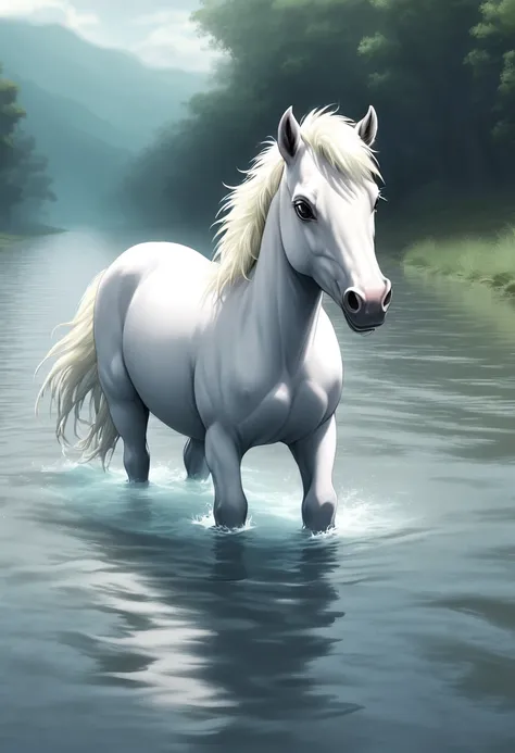 (a short white pony) carrying half a bag, standing in middle of a long river, water is very deep, (submerging half of the pony body:1.4), (no_human:.14), (best quality, masterpiece, Representative work, official art, Professional, Ultra high detail, 8k)