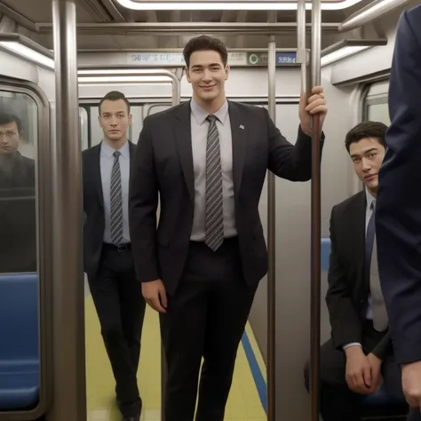  man in the subway，Standing in a subway car，Ultra-flat head，Wearing a suit，huge bulge,  leg apart，musculous，Handsome， pervert smirk，exhilarated，full bodyesbian，Exposing thighs，Expose calves， In crowded subway cars， 16k resolution , ultra-high clarity , hyp...