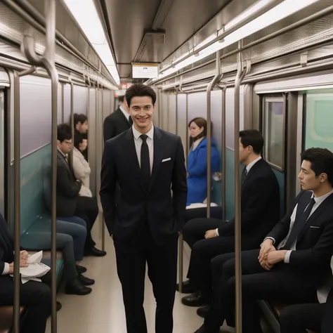  man in the subway，Standing in a subway car，Ultra-flat head，Wearing a suit，huge bulge,  leg apart，musculous，Handsome， pervert smirk，exhilarated，full bodyesbian，Exposing thighs，  In crowded subway cars， 16k resolution , ultra-high clarity , hyperrealism , u...