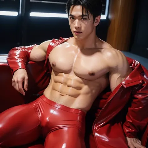 Japan man，man,youth，Best quality, crisp quality, Masterpiece, Highest resolution, Highly detailed, Red latex jumpsuit, love heart，chest muscle，Full-body muscular figure，night club，mtu
, puffy nipples , swollen nipples , only male , only men , photorealisti...