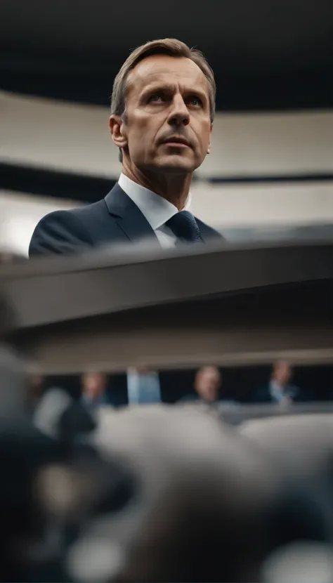 "AI, create a realistic photo of UEFA President Aleksander Čeferin. The image should depict Čeferin in a professional setting, such as a conference or meeting, addressing the press exuding confidence and leadership. Capture his authoritative presence, with...