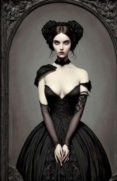 Une femme en robe noire en position debout, art gothique style, art gothique, An elegant gothic princess, early, style artistique Tom Bagshaw, Dreamy Gothic Girl, ; detailed 3d gothic, style de Tom Bagshaw, art fantastique gothique, Natalie Shau Tom Bagsha...