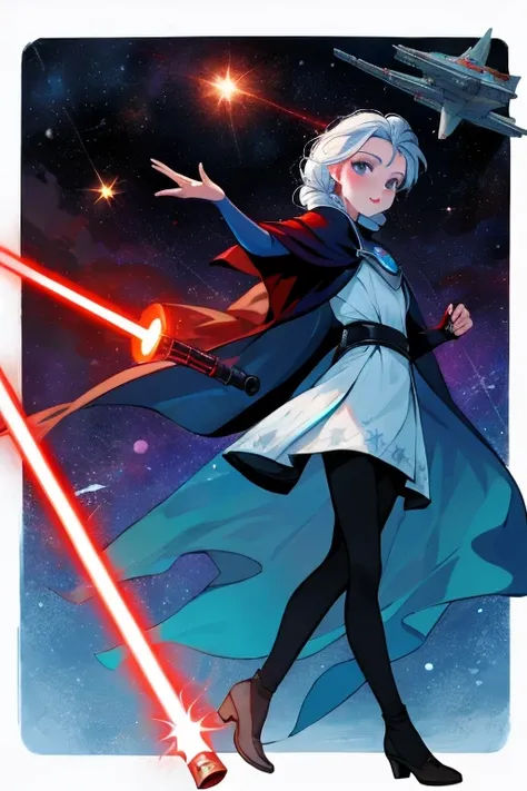 Disney princess from Frozen dressed in Sith clothes and holding a red Star Wars style lightsaber in her hands, with war spaceships in the background