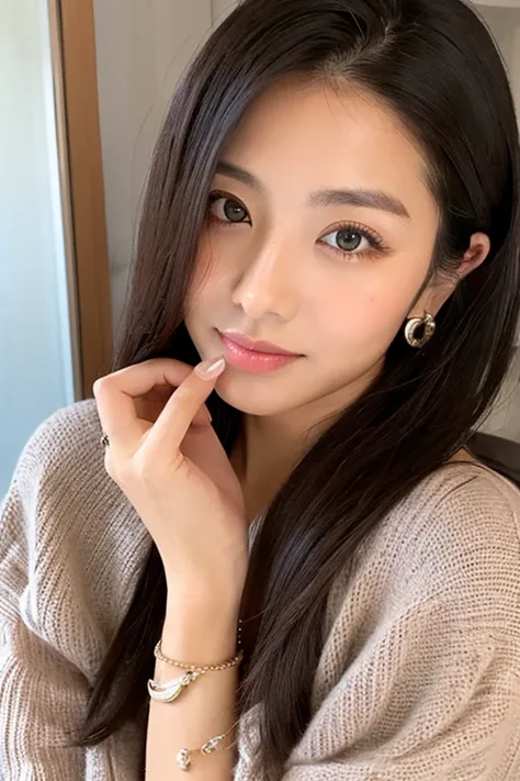 beautiful japanese woman、hair is black、long hair、eye color is brown、beautiful skin、lips are slightly pink、Red heart earrings、Light blue knitwear