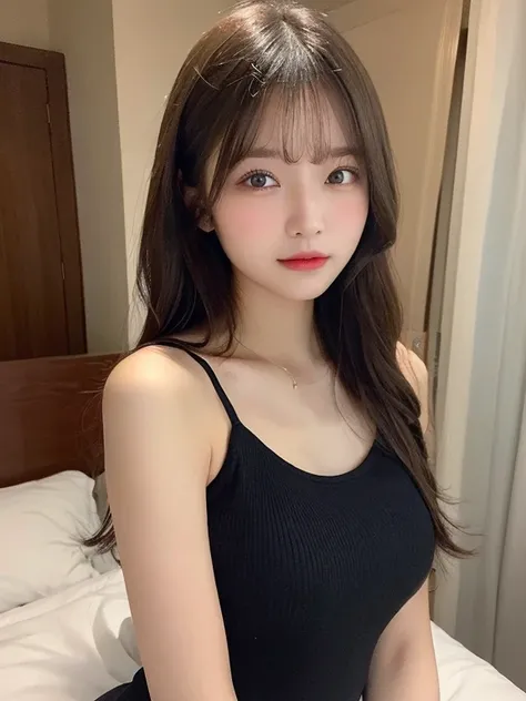 ((top quality, 8k, masterpiece: 1.3)), beauty, Hide your face, 1 girl, beauty的: 1.3, slim abs: 1.1, camisole, split, Long brunette hair, (When sitting on the bed), Super detailed faces, highly detailed lips, delicate eyes, double eyelids