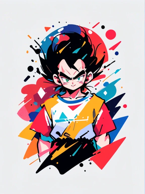 ((sticker-style illustration for t-shirt print with 1man, minimalism, vegeta from dragon ball, akira toriyama style)), simple ba...