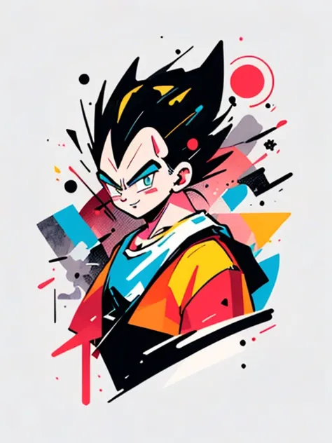 ((sticker-style illustration for t-shirt print with 1man, minimalism, vegeta from dragon ball, akira toriyama style)), simple ba...