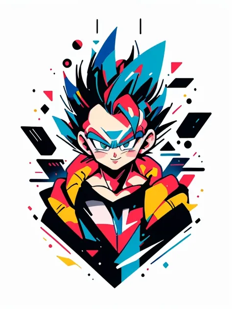 ((sticker-style illustration for t-shirt print with 1man, minimalism, gogeta from dragon ball, akira toriyama style)), simple ba...