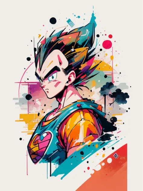 ((sticker-style illustration for T-shirt print with 1man, minimalism, Vegeta from dragon ball, akira toriyama style)), simple background, clean:0.9, lineart, vector, colors should be vibrant and vivid, with a harmonious color palette. UPPER BODY, fashion c...