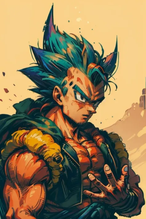 1man, solo, Gogeta from dragon ball anime, akira toriyama, imponent, fashion style, (fixed hand), (masterpiece, best quality, ultra-detailed), front view, dynamic view, uhd, upper body