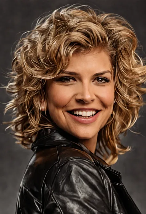 tonia carrero wearing a leather coat looking in front of the screen with a beautiful smile, with her shoulder facing the camera ...