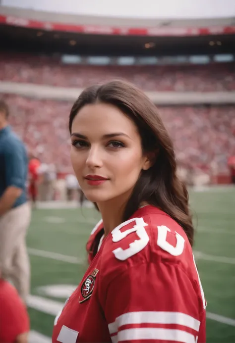 /imagine full body portrait of a brunette woman at a san francisco 49ers football game, shot on kodak 400