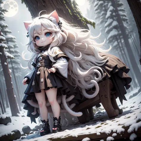 ​masterpiece、top-quality、ultra-detailliert、(Chibi character cat ears:1.2),white hair wavy bob,Mountain Girl Style,fullmoon１One,Fairytale Forest,a smile,Full-body standing figure