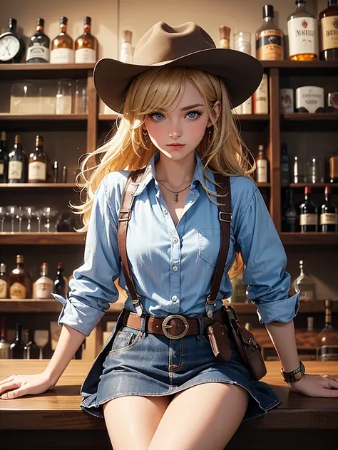 masterpiece, best quality, maximum resolution, high definition, 8k super detailed with cracks, cowgirl, beautiful blonde woman w...