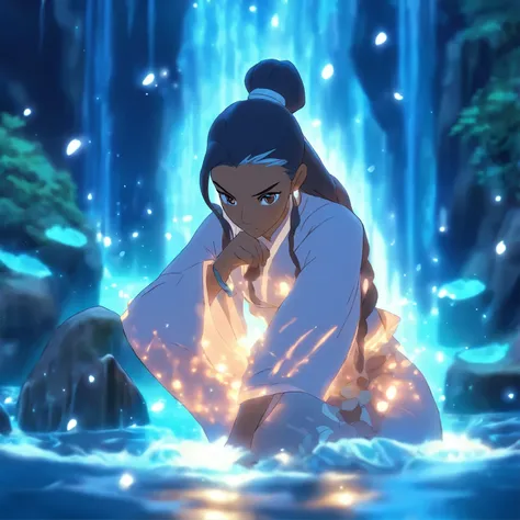 **Katara in a silver outfit sitting by a river, whimsical, detailed anime eyes, full body view, 32k uhd, digital art techniques, smooth, clear, cinematic lighting, glow, crisp detail, hyper scenic background, extreme details, unique perspective --niji 6** ...