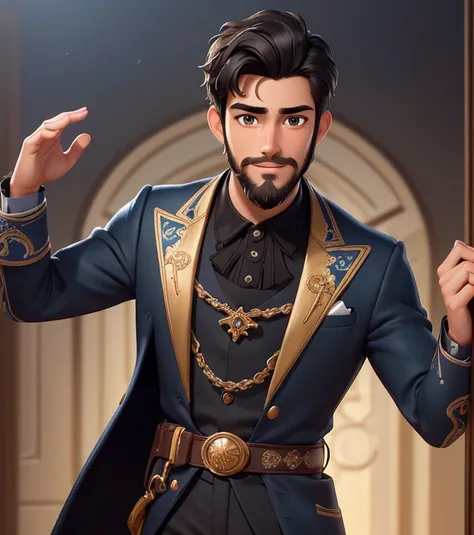 (masterpiece, best quality, ultra detailed), (high detail, hyper detailed), Handsome 15 year old boy, happy, black hair, ((short beard)), dark brown black eyes, dark blue Disney prince suit, detailed face, clear focus (clutter - house: 0.8), (masterpiece: ...