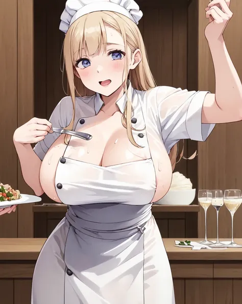 ((best quality)), ((chef-d&#39;artwork)), (detailed), 1 femme, mince, gros seins, compressed, robe blanche, wet, laisse transparaitre des formes, half unbuttoned dress, grosses fesses, anches larges 