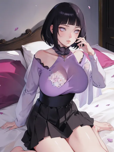 { - anatomy error} (Masterpiece - Ultra-detailed, very high resolution) (huge titusty, masterpiece, absurdres, hinata(boruto), 1girl, solo,mature female, off-shoulder bra, high waist black short skirt, looking at viewelling petals), perfect composition, de...