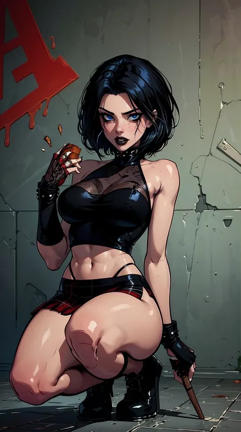 a woman with short black hair, hair on shoulders,  wearing a black cropped  and plaid skirt, blue eyes, zombie art, gothic art, cute aesthetic with vibe, toon aesthetic, wearing red costume, wearing gothic accessories, look like Cassie Hack, whole body, on...