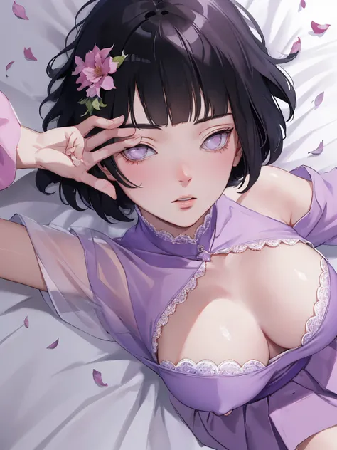 { - anatomy error} (Masterpiece - Ultra-detailed, very high resolution) (huge titusty, masterpiece, absurdres, hinata(boruto), 1girl, solo,mature female, off-shoulder bra, high waist black short skirt, looking at viewelling petals), perfect composition, de...