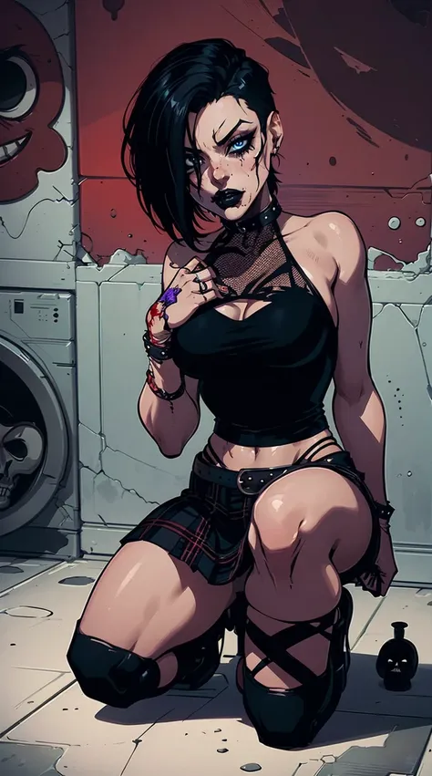 a woman with short black hair, hair on shoulders,  wearing a black cropped  and plaid skirt, blue eyes, zombie art, gothic art, cute aesthetic with vibe, toon aesthetic, wearing red costume, wearing gothic accessories, look like Cassie Hack, whole body, on...